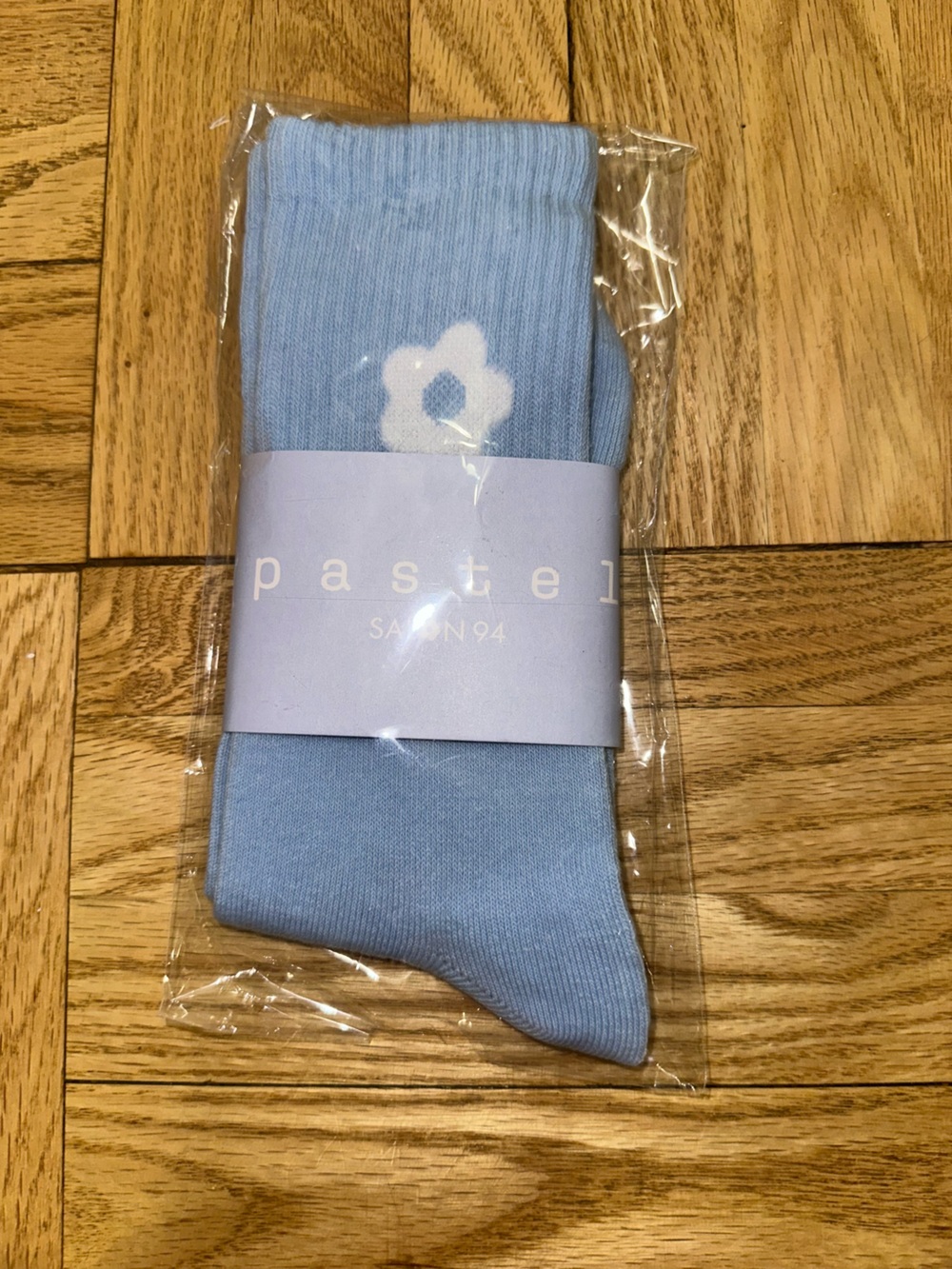 Pastels Light Blue Crew Socks with White Flower from PASTEL Exhibit at Salon 94